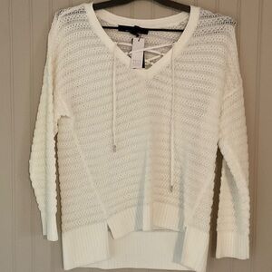 White House Black Market white Open-Knit V-Neck Sweater with Drawstring